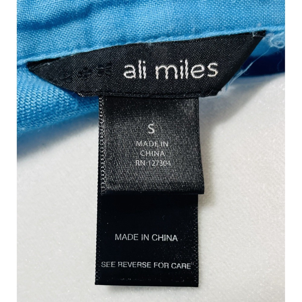 Ali Miles linen shirt Small resort tunic art to wear flowers Aqua blue - Picture 6 of 9